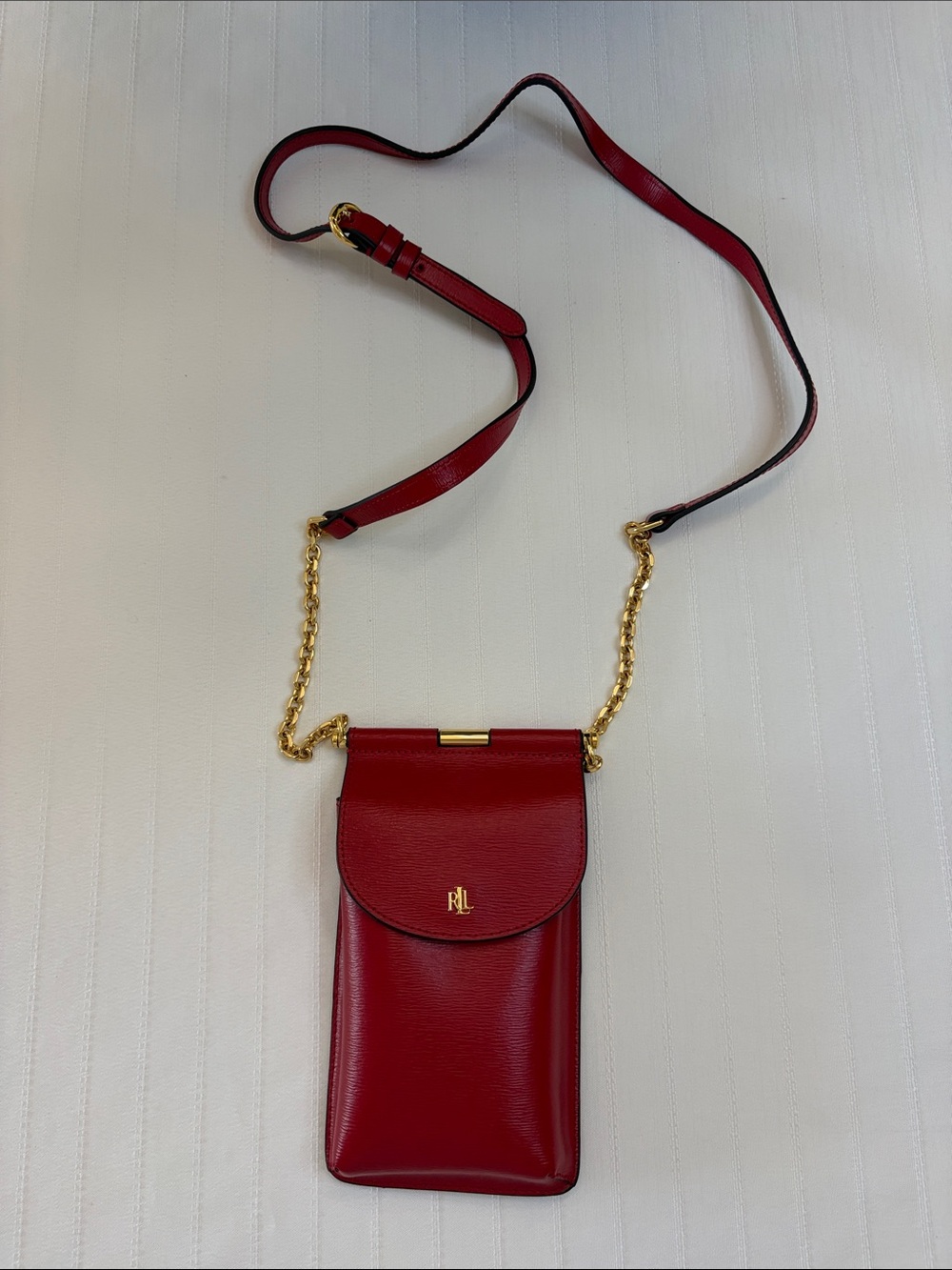 Ralph Lauren Red Leather Crossbody Phone Pouch with Gold Chain